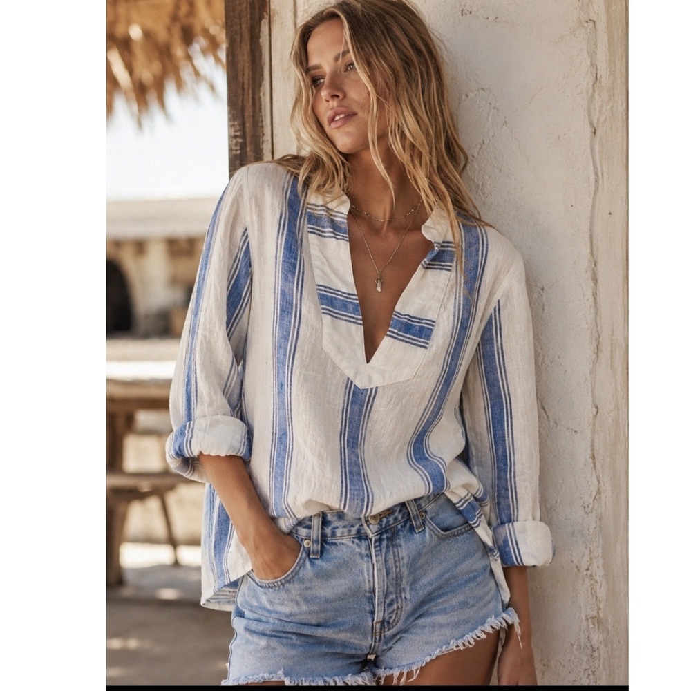 J.Crew Blue White Striped Linen Lightweight Popover Tunic Blouse Top Size 2